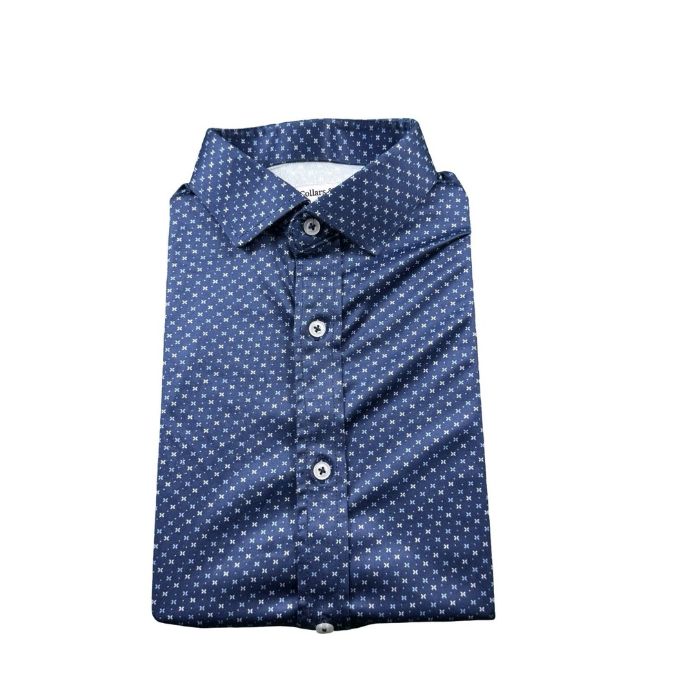Collars & Co Blue Geometric AOP Mens Short Sleeve Button Front Shirt Medium